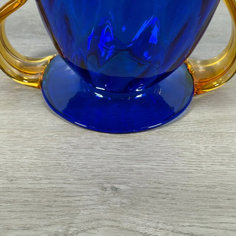 Blenko Cobalt Blue Optic Honeycomb Pitcher Amber Handles 9.5